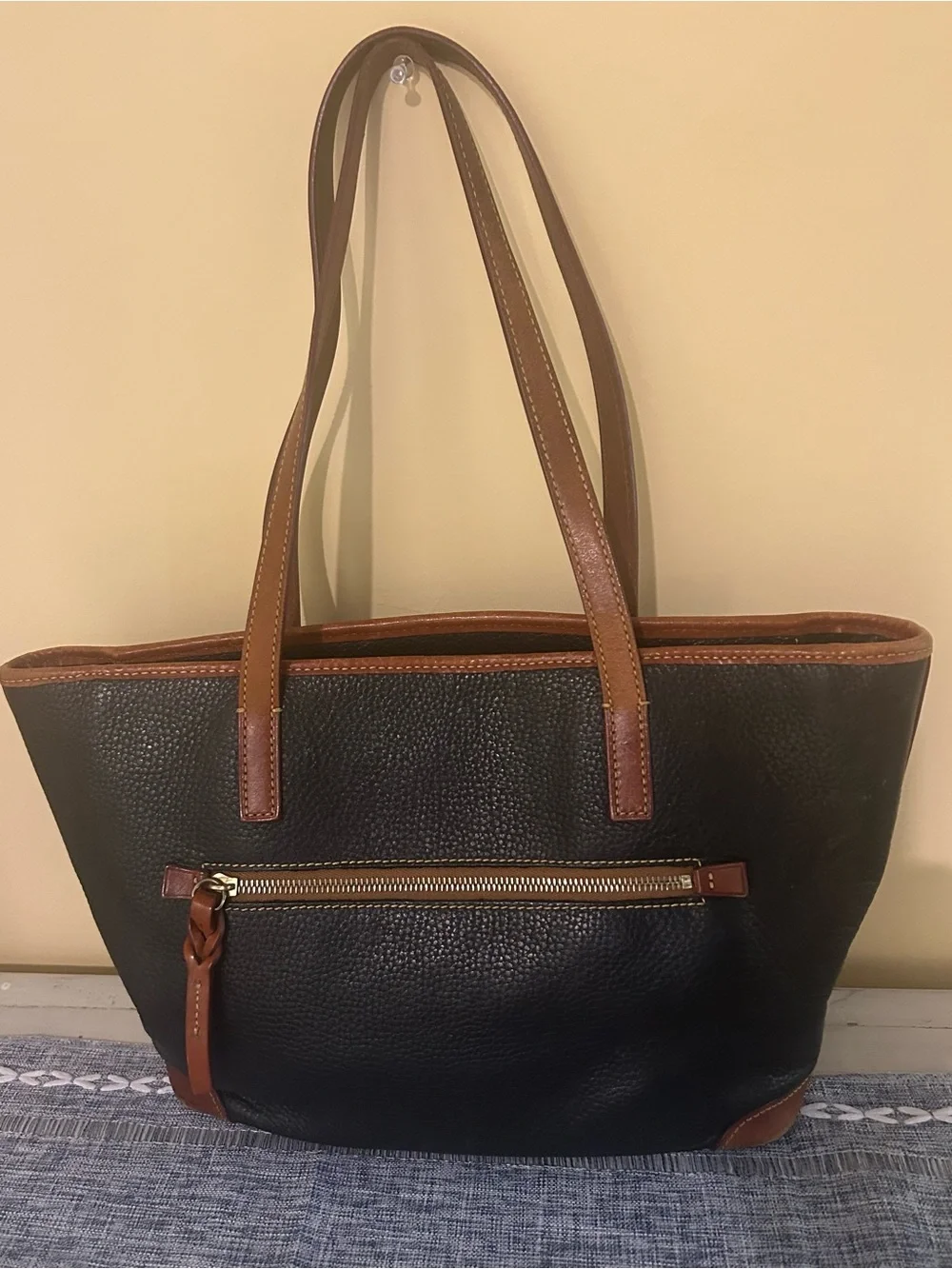 Dooney & Bourke Black Pebbled Leather Shoulder Tote with Brown Trim